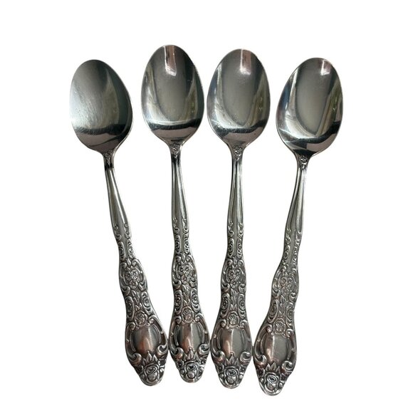 Vtg International INS154 Teaspoons Set Of 4 Solid Roses Stainless Steel Flatware - Picture 1 of 11